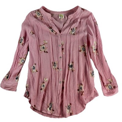 Fig And Flower Women's 2X Blouse Pink Embroidered Boho Button Up Top Floral