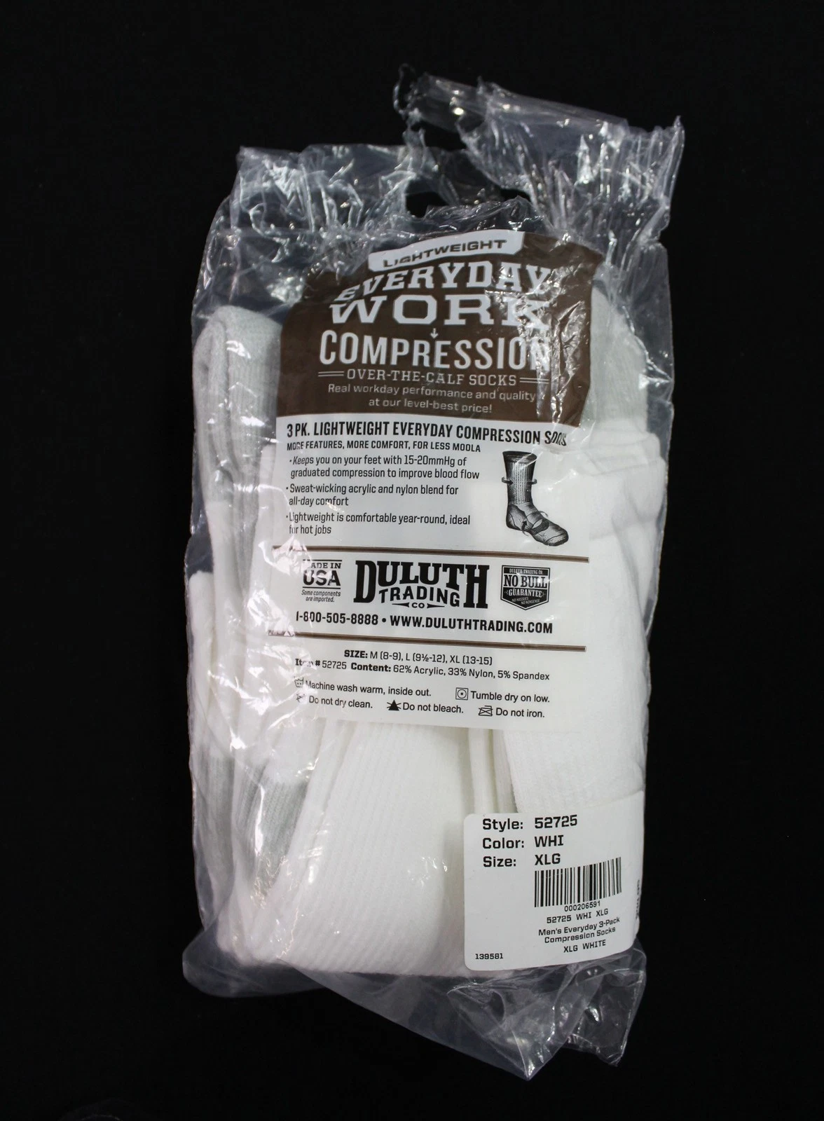 Duluth Trading Men's Everyday 3-Pack Compression Socks MS7 White Size XL NWT