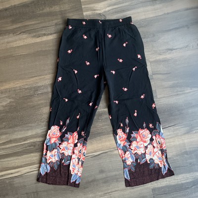 Ett Twa By Anthropologie Pants Black Floral Print 100% Rayon Pockets Small
