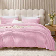 Plush Duvet Cover Set - King Size Pink Striped Fluffy Comforter Cover 3Pcs Beddi