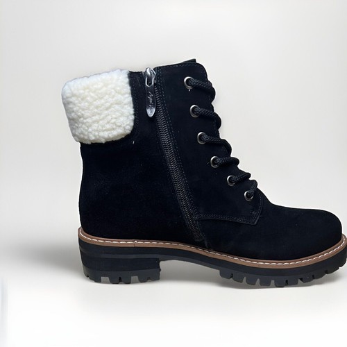 AquaDiva Sola Boots 10 Black Suede White Faux Fur Combat Water Resistant 41 NEW - Picture 3 of 11