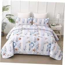 Coastal Quilt Set Size - 3 Pcs Summer Nautical Beach Theme Queen Blue Stripes