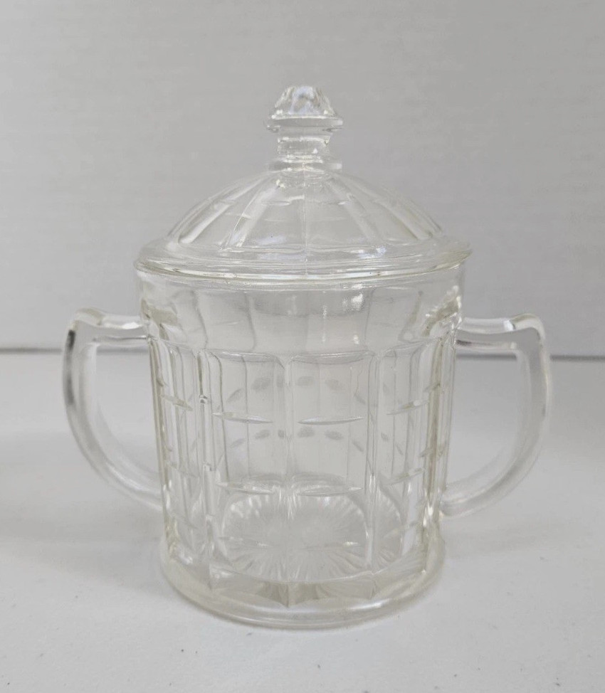 Vintage Hazel Atlas Colonial Block Glass Sugar Bowl With Lid 5.5” Depression Era