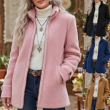 Fleece Zip-Up Jacket Women's Stand Collar Solid Color Loose Fit Casual Long Slee