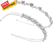 2 Pieces Rhinestone Bridal Crystal Women's Headband Wedding Flower Silver