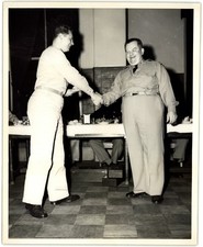 Vtg Snapshot Two Men In Military Uniforms Shaking Hands At Mess Hall 1940s