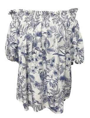 CeCe Blue White Floral Off Shoulder Top Women L Linen Blend Puff Sleeve Boho