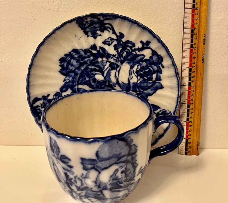 Antique Staffordshire England Oversize Flow Blue Cup & Saucer 21oz Latte Tea Big