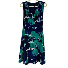 Ann Taylor Green Blue Floral Ruffled A Line Dress Womens 14P Belted Modest