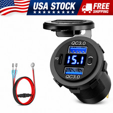 12V-24V PD QC3.0 Dual USB Car Fast Charger Power Socket Outlet LED Voltmeter