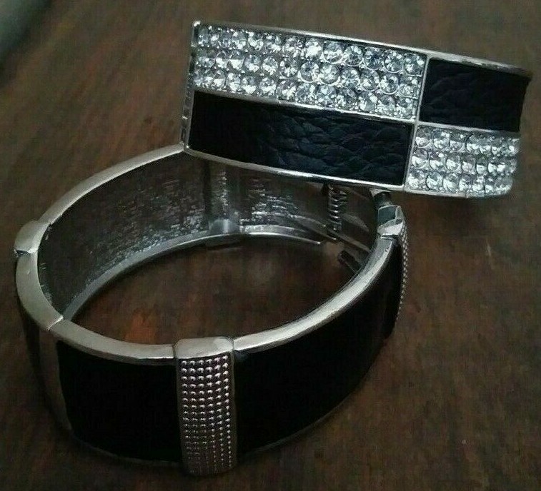 2 Hinged Clamper Bangle Bracelets Silver Tone Bla… - image 1