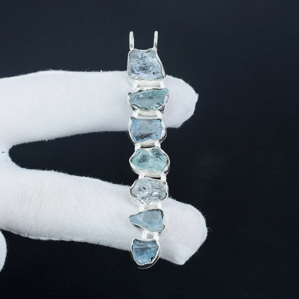Acquamarina Grezzo Ciondolo Design 925 Argento Sterling Gioielli Per Compleanno - Immagine 2 di 4
