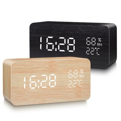 Alarm Clock LED Wooden Watch Table Voice Control Digital Wood Clock ...
