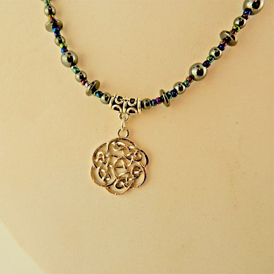 Hand crafted Irish Silver Celtic Knot Necklace w/ Hematite gemstone beads