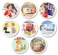 Vintage Laundry Ad Cabinet Knobs – Retro Soap Label Drawer Pulls – 8pc Handmade