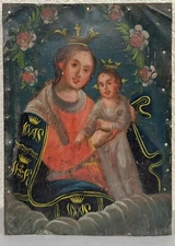 Antique Spanish Colonial Oil Painting Virgin Mary Christ Retablo Mexican 19th C.