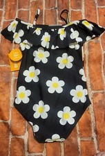 Gymboree NWT Girls sz 7 Daisy Off Shoulder One Piece Black Swimsuit Bathingsuit