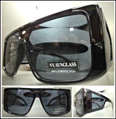 Classic Modern RETRO Shield Style Party SUN GLASSES Large Black Frame Dark Lens