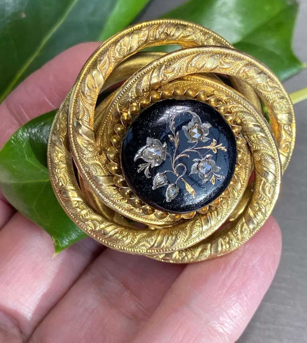 14K Yellow Gold Rose Cut Diamond Enamel Antique Victorian Love Knot Brooch Pin