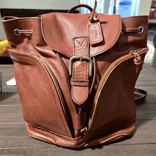 VTG Sabina New York 100% Brown Saddle Leather Ware Drawstring Bag Backpack Purse