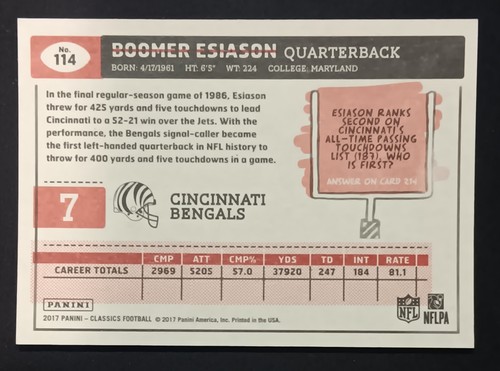 2017 Panini Classics Red Back /299 #114 Boomer Esiason - Cincinnati Bengals - Picture 2 of 2