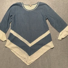 Young Threads Blouse Women’s Large Blue Denim Long Sleeve White Trim