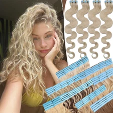 Tape In 100% Remy Human Hair Extensions Invisible Skin Weft Body Wave 200g Thick