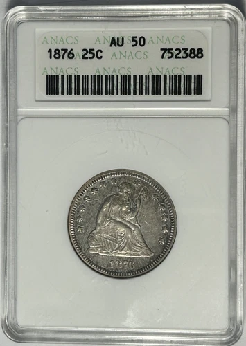1876 SEATED LIBERTY QUARTER ANACS AU 50