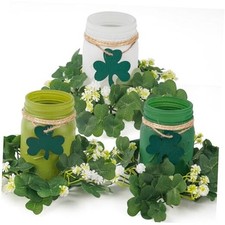 St Patricks Day Decorations, Green Glass Cylindrical Shamrock Mason Jars