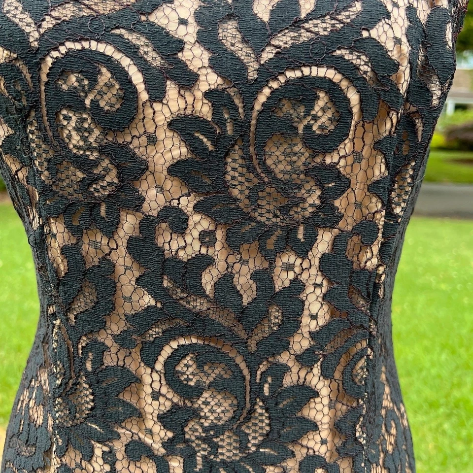 VTG S XS 60's Lee Jordan Long Black Lace illusion long gown wiggle ruffle hem  - Image 3 of 4