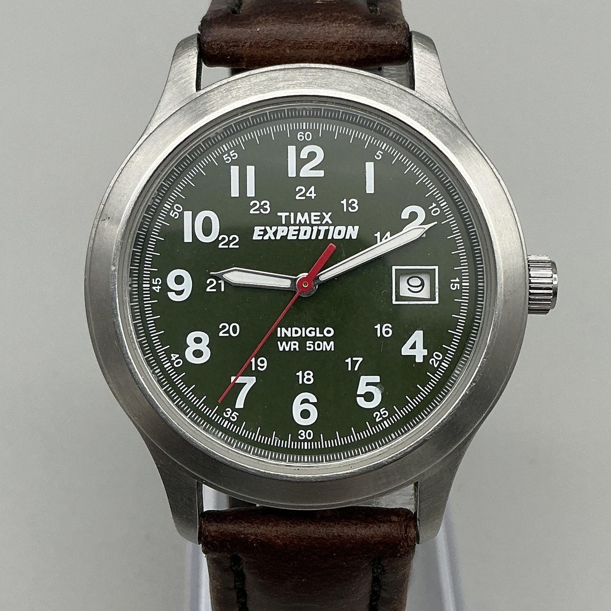 Timex Expedition Mens Watch 37mm Green Dial Leather Date Indiglo