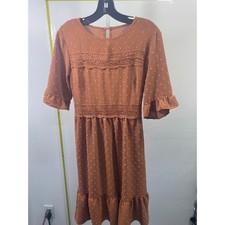 Terracotta Rust Swiss Dot Crochet Lace Boho Midi Dress Ruffle Bell Sleeve Medium