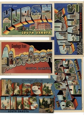 LOT OF 5 South Dakota LARGE LETTER Huron Sioux Falls Black Hills Aberdeen linen