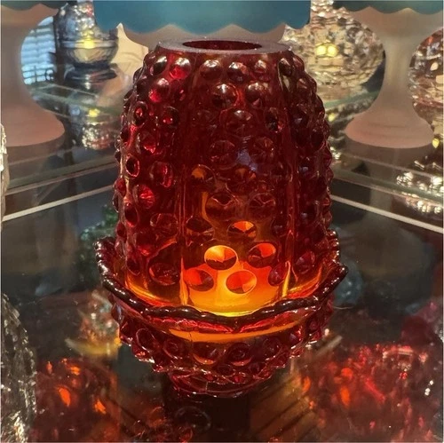 Fenton Red Amber Glass Hobnail Decorative Candle Holder Votive