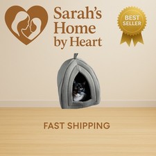 Gray Cat House and Small Pet Bed with Removable Cushion - Indoor Tent for Gui...