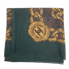 CHANEL large stole silk cashmere green yellow here mark CC mark chain paisley pa