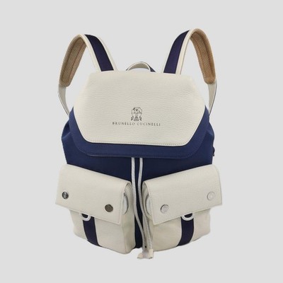 Brunello Cucinelli Kids Ivory/Blue Leather and Nylon Drawstring Backpack