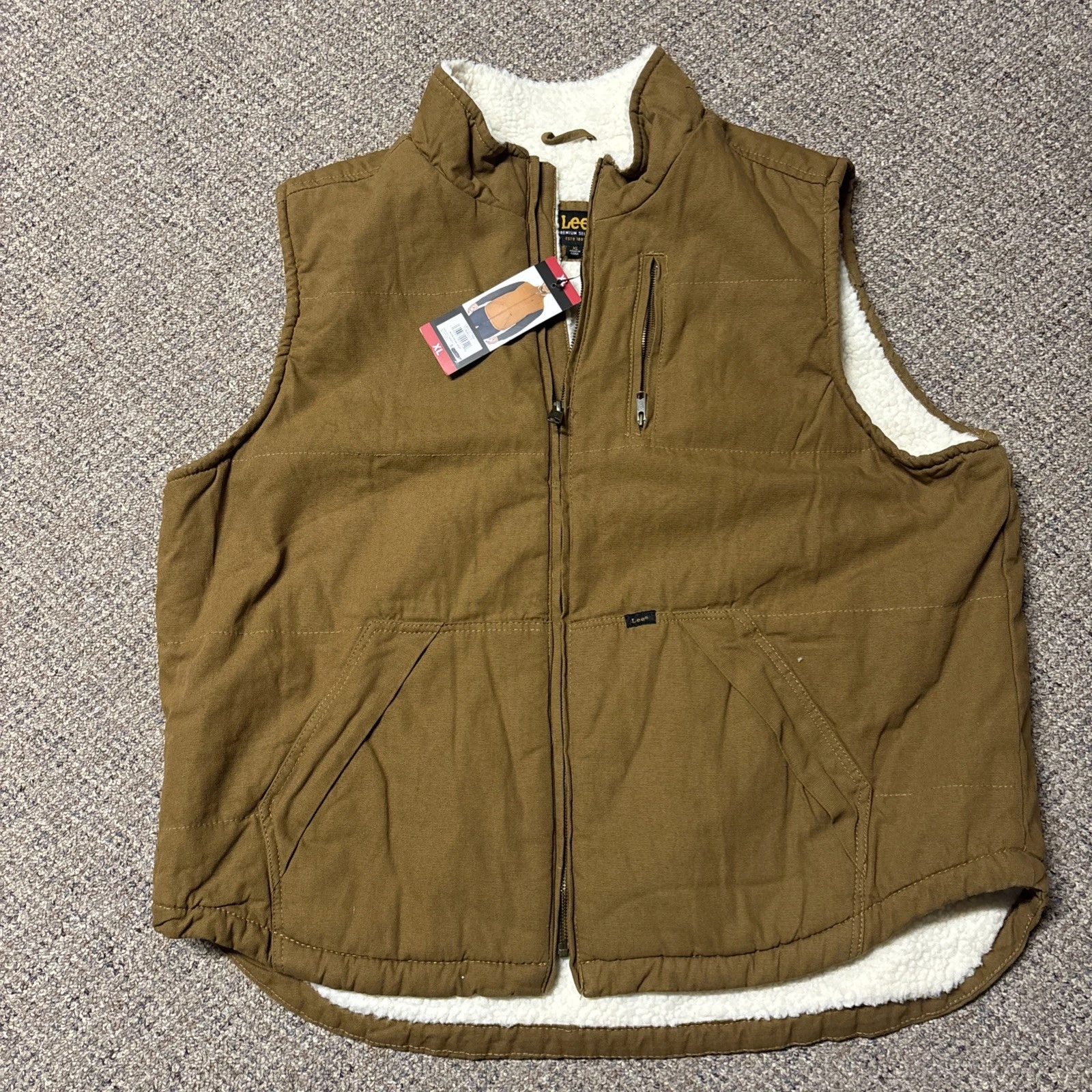 Lee Workwear Vest Mens Size XL Tobacco Brown Duck Canvas Sherpa Lining Zip Front