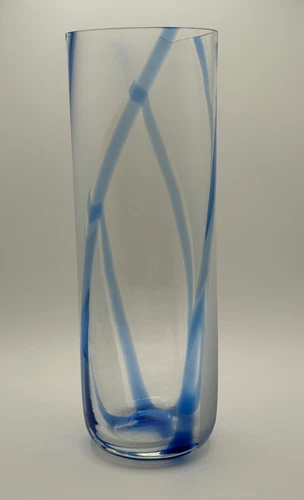 💙 Vintage Blue Swirl Art Glass Vase 13.75” Tall – Blenko Style – Hand Blown – H