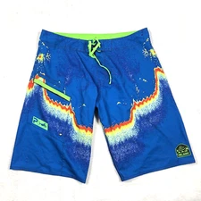 Pelagic Men Sz 34 Swim Trunks Fish Finder Radar Graphic 4 Tek Stretch Blue Green