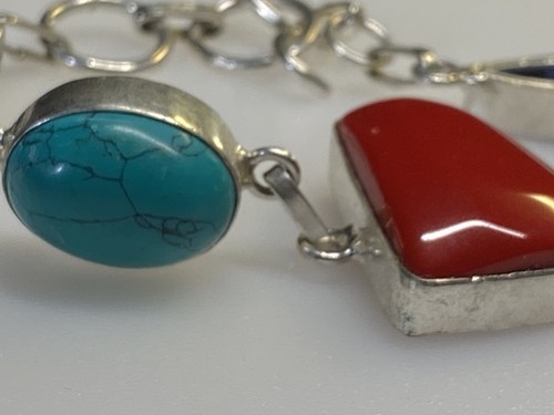 Sterling Silver 925 Bracelet Coral Turquoise Lapis Lazuli Stones 18,15g - Picture 7 of 10