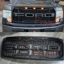 Front Bumper Grille For 2009-2014 Ford F150 Hood Grill Raptor Style Black w/LEDs