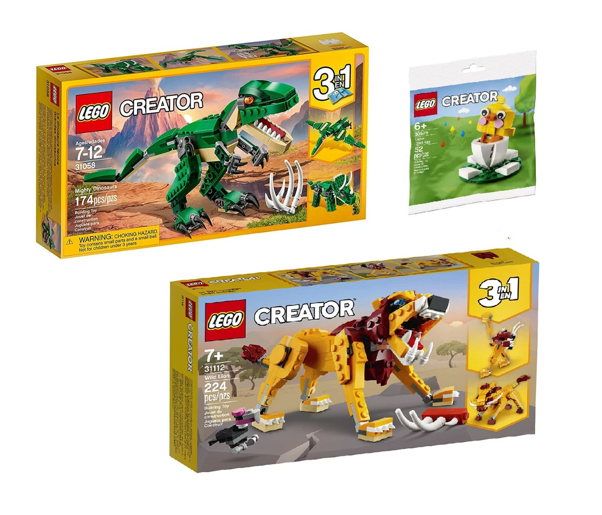 LEGO Creator Animals 3 x Building Sets Dinosaurs Wild Lion Easter Chick Egg