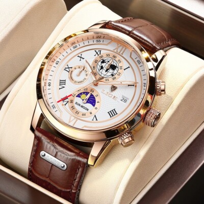 LIGE Men's Quartz Watches Leather Calendar Luminous Moon Phase Man Wrist Watch