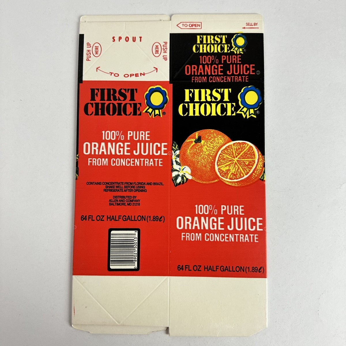 VTG FIRST CHOICE BALTIMORE MD ORANGE JUICE DRINK CARTON UNUSED