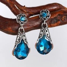 Antique Rose Flower Drop Ocean Blue Topaz Gems Silver Hook Stud Earrings Women