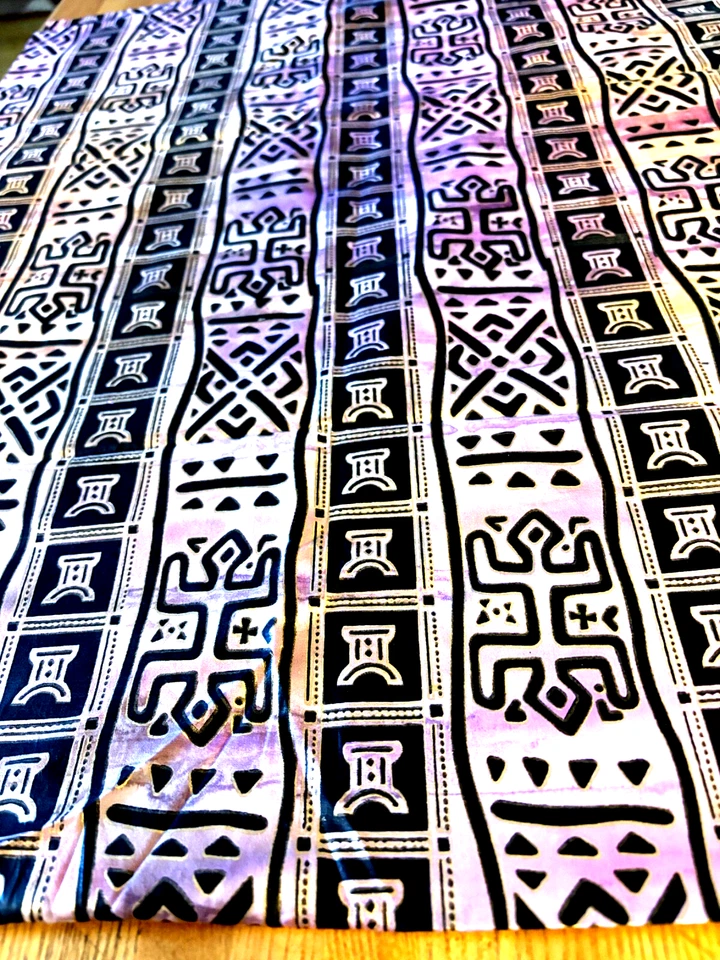 Batik Egyptian Design Cotton Fabric. Purples, Golds, Black Colors. 55"L x 44" W. - Image 4 of 4