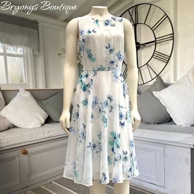 Hobbs Cora Floral Print White Blue Fit Flare Dress 12 Wedding