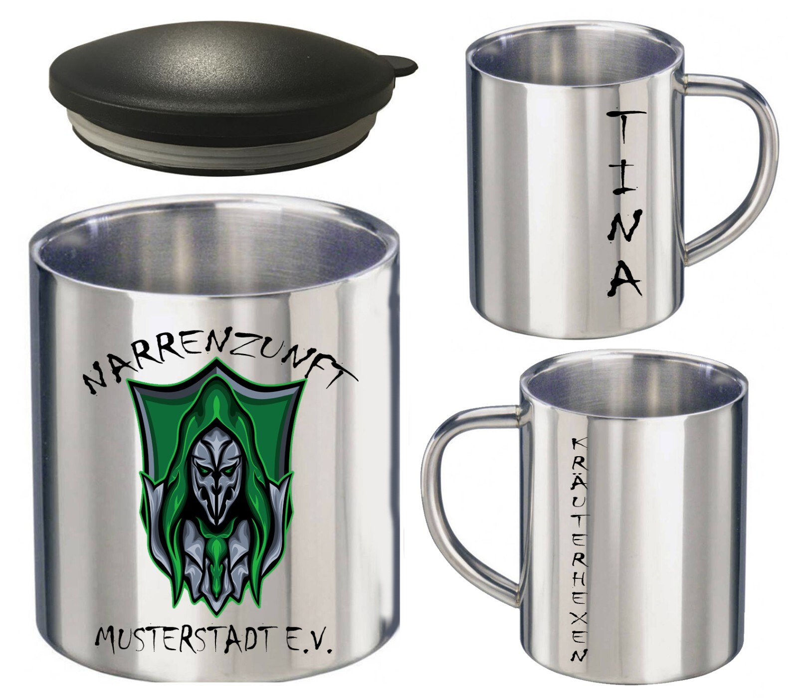 Fasnetsbecher Edelstahl Becher Tasse, mit Deckel, bedruckt mit Logo und Namen