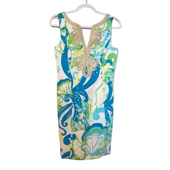 Lilly Pulitzer Dress Janice Shift Dress Crystal Coast Print Gold